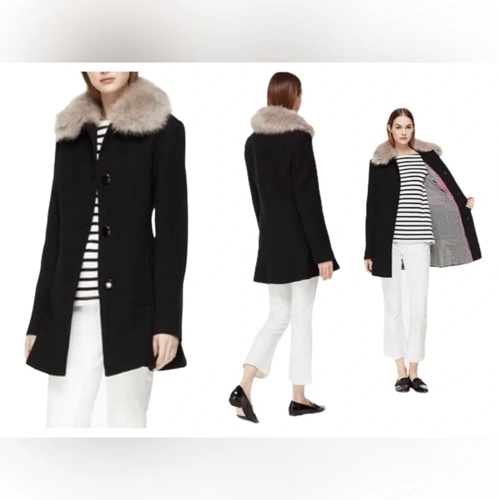 Kate Spade Preppy Old Money Peplum Wool Coat w Removable Faux Fur Collar Size XS